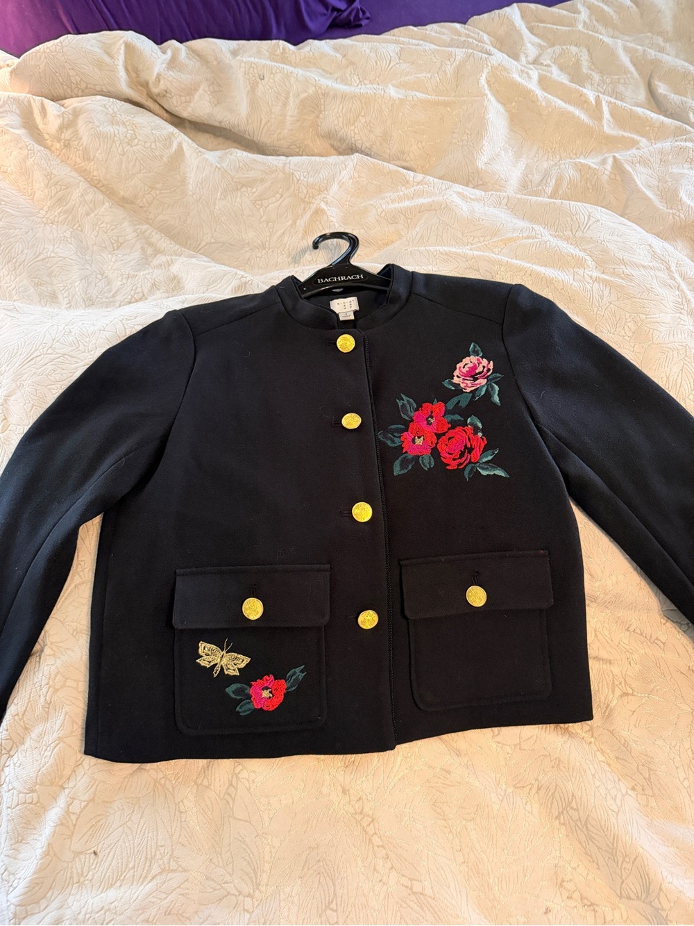 Bachrach Black Embroidered Floral Wool Blazer with Gold Buttons